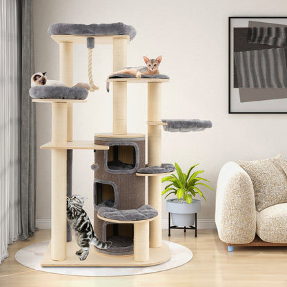 Wooden Cat Tower with 3-story Cat Condo-Grey