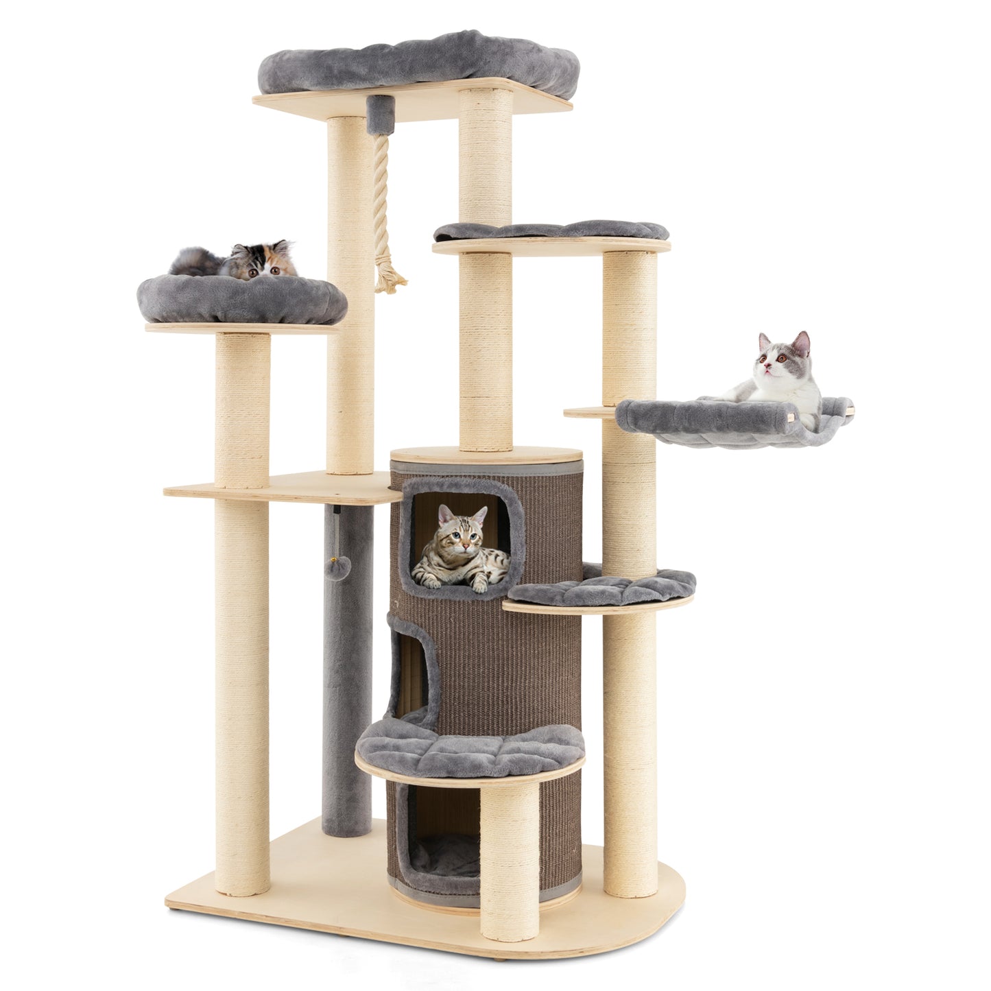 Wooden Cat Tower with 3-story Cat Condo-Grey