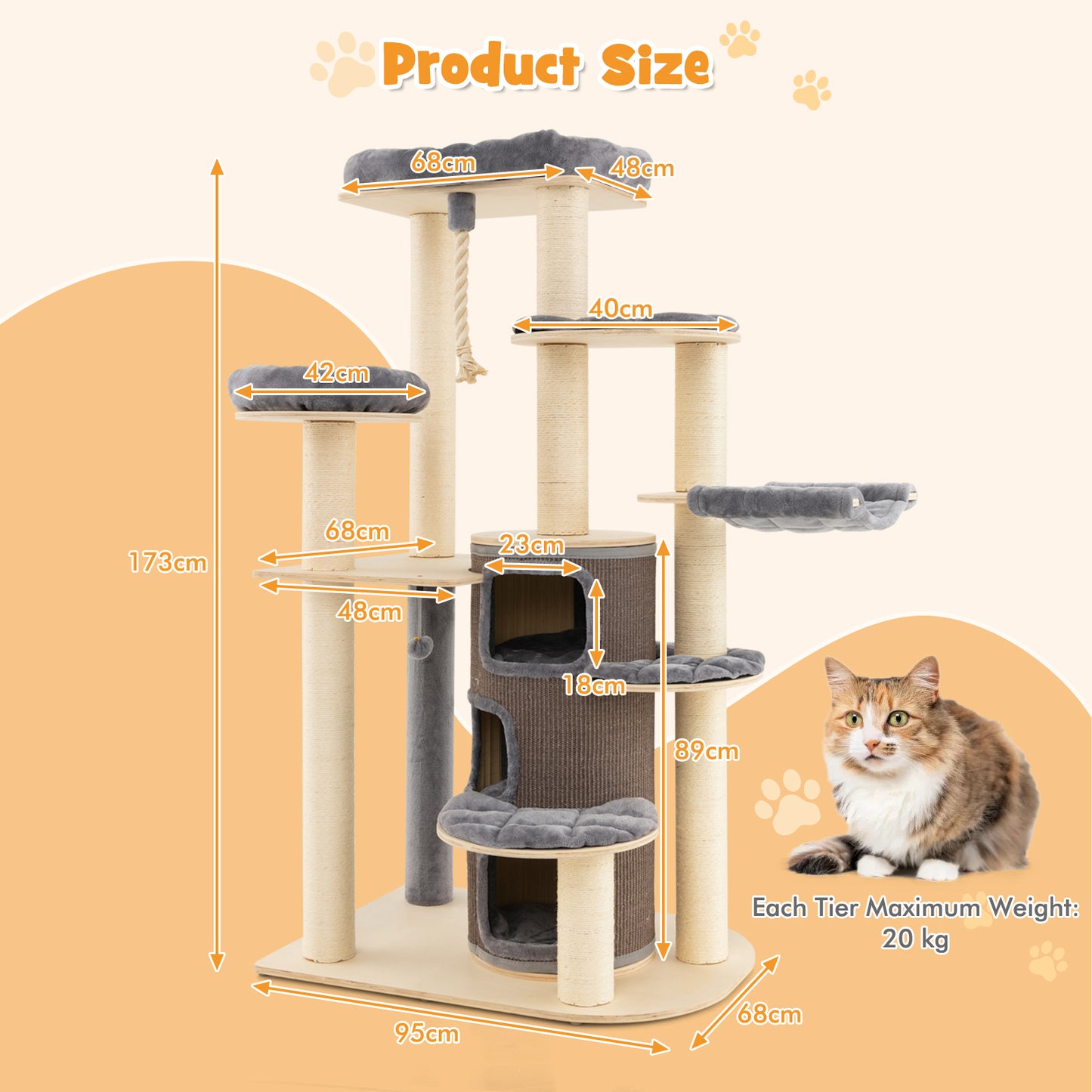 Wooden Cat Tower with 3-story Cat Condo-Grey