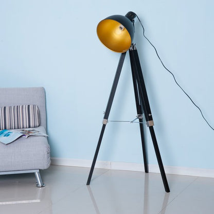 Pine Wood Adjustable Tripod Free-Standing Floor Lamp - Black/Gold