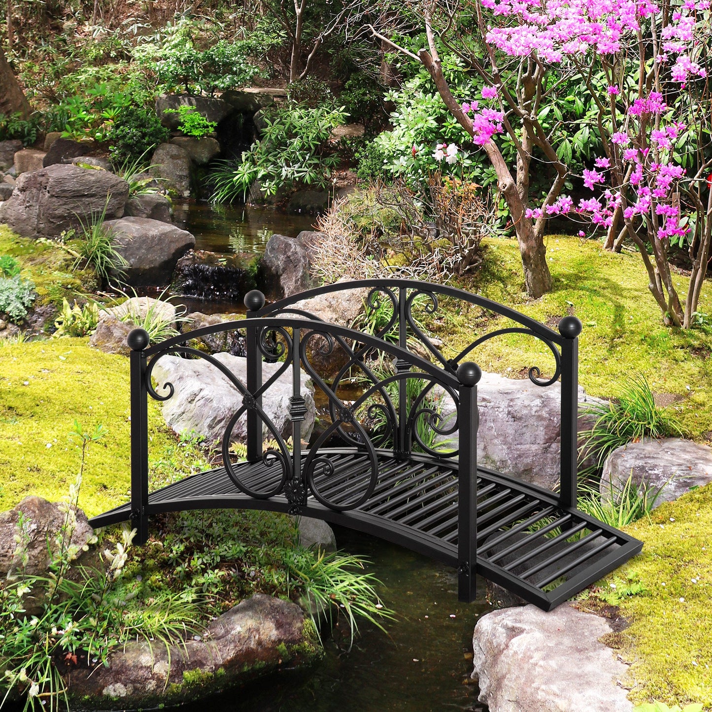 Outsunny Classic Garden Bridge with Safety Railings Arc Footbridge Decorative Pond for Backyard Creek Stream, Black