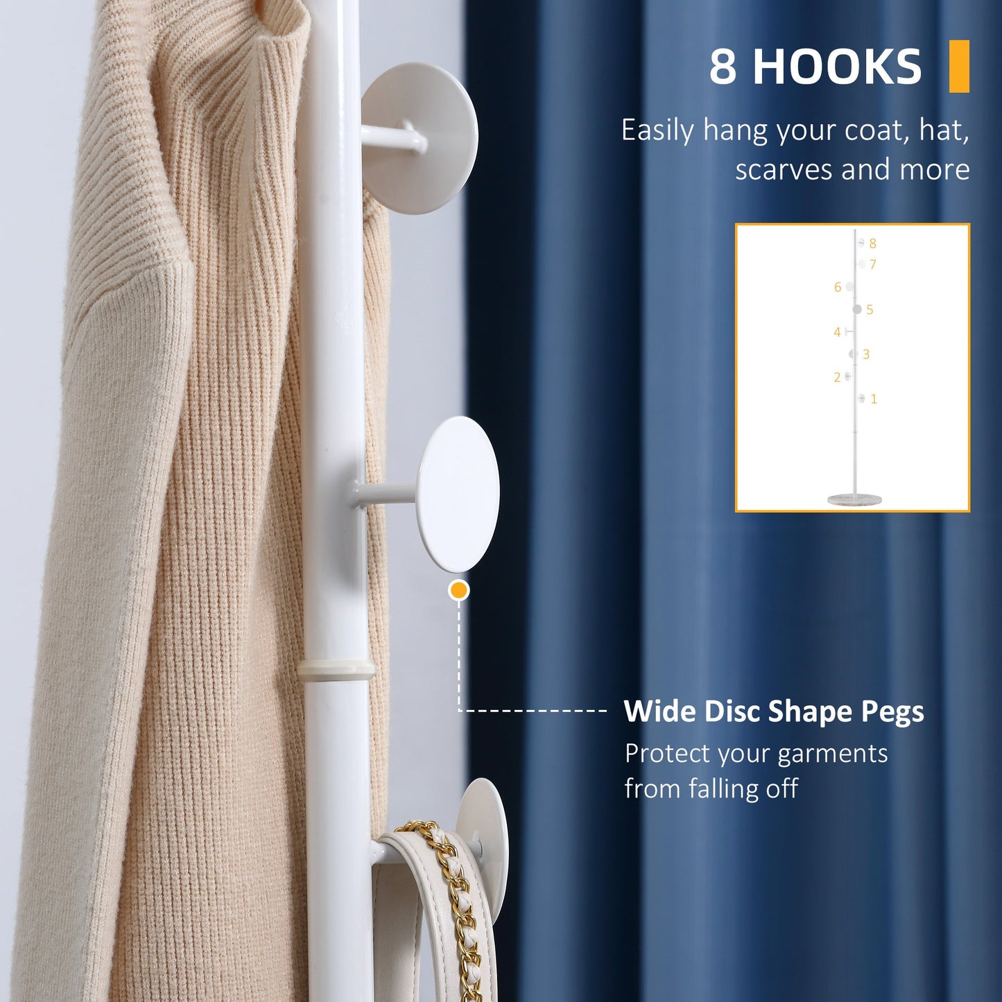 HOMCOM Coat Rack Free Standing Hall Tree with 8 Round Disc Hooks for Clothes, Hats,Purses, Steel Entryway Coat Stand w/ Marble Base White