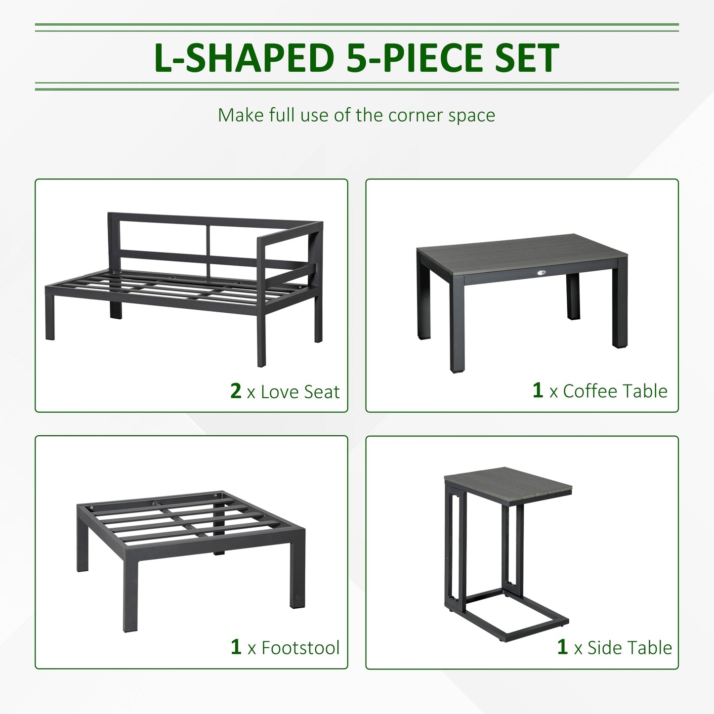 Outsunny 5-Piece L-shaped Garden Furniture Aluminium Set, Grey Frame