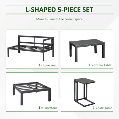 Outsunny 5-Piece L-shaped Garden Furniture Aluminium Set, Grey Frame