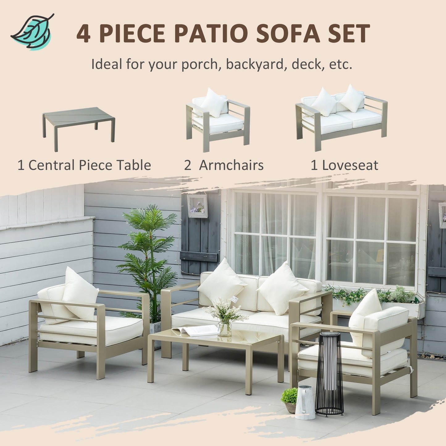 Outsunny 4 Pieces Outdoor Garden Furniture Set with Thick Padded Cushioned Loveseat and Glass Top Table - Champagne Gold