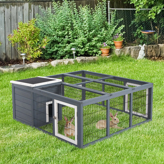 PawHut Rabbit Hutch Small Animal House Ferret Bunny Cage Duck House Rabbit Hideaway Chinchilla Cage Backyard with Openable Main House & Run Roof