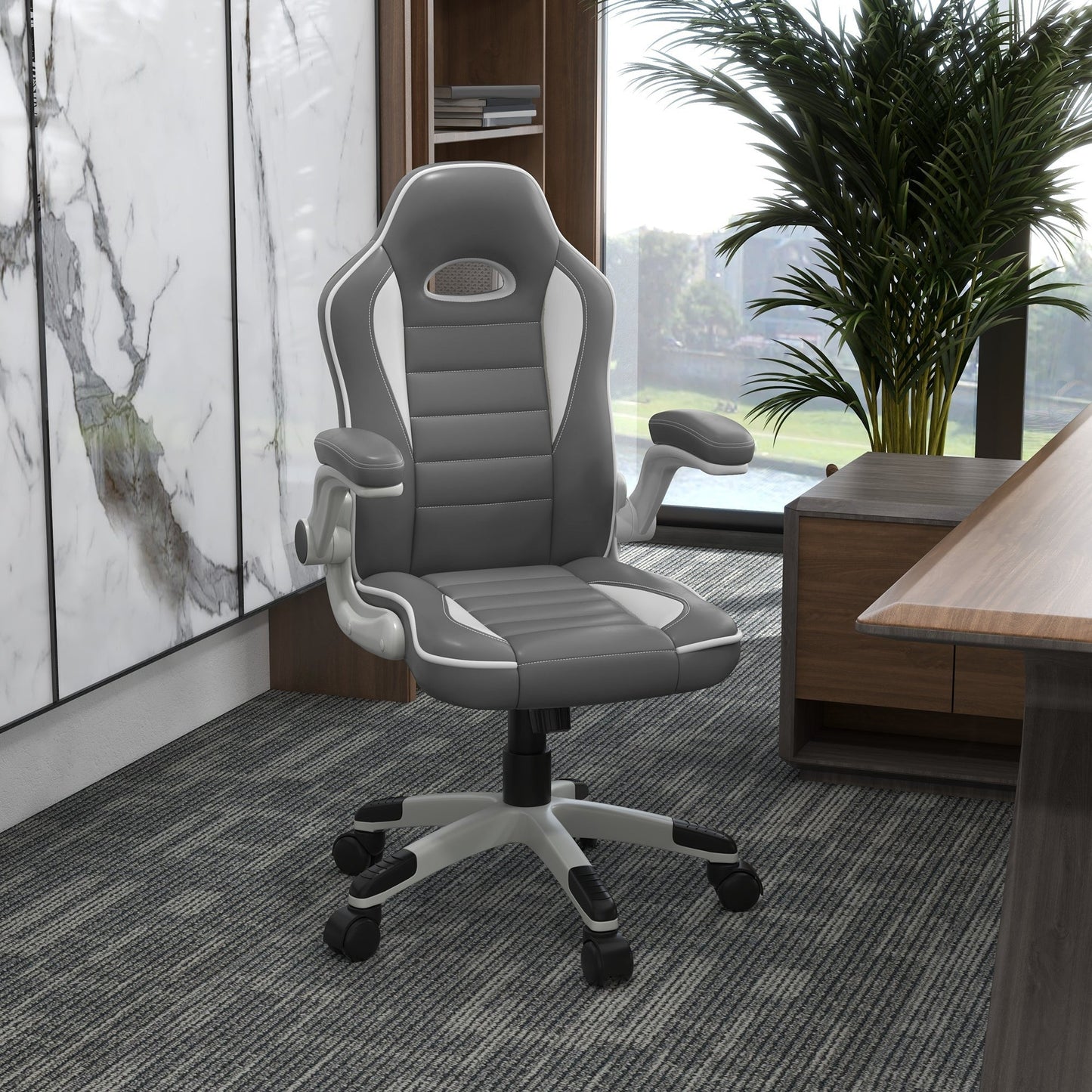 PU Leather Gaming Chair, Height Adjustable with Tilt Function and Flip Up Armrests - Grey