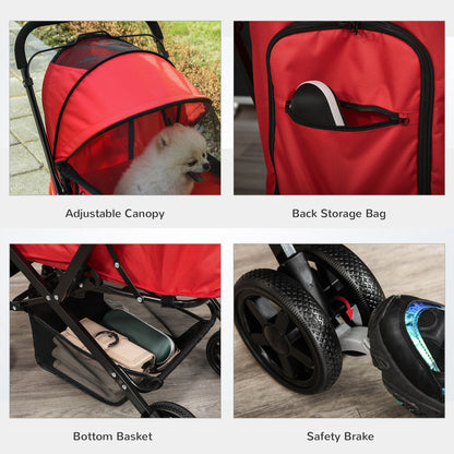 عربة أطفال PawHut Pet Stroller للكلاب للسفر قابلة للطي والركض مع مقبض قابل للعكس وسلة فرامل EVA ومظلة قابلة للتعديل ومقود أمان باللون الأحمر