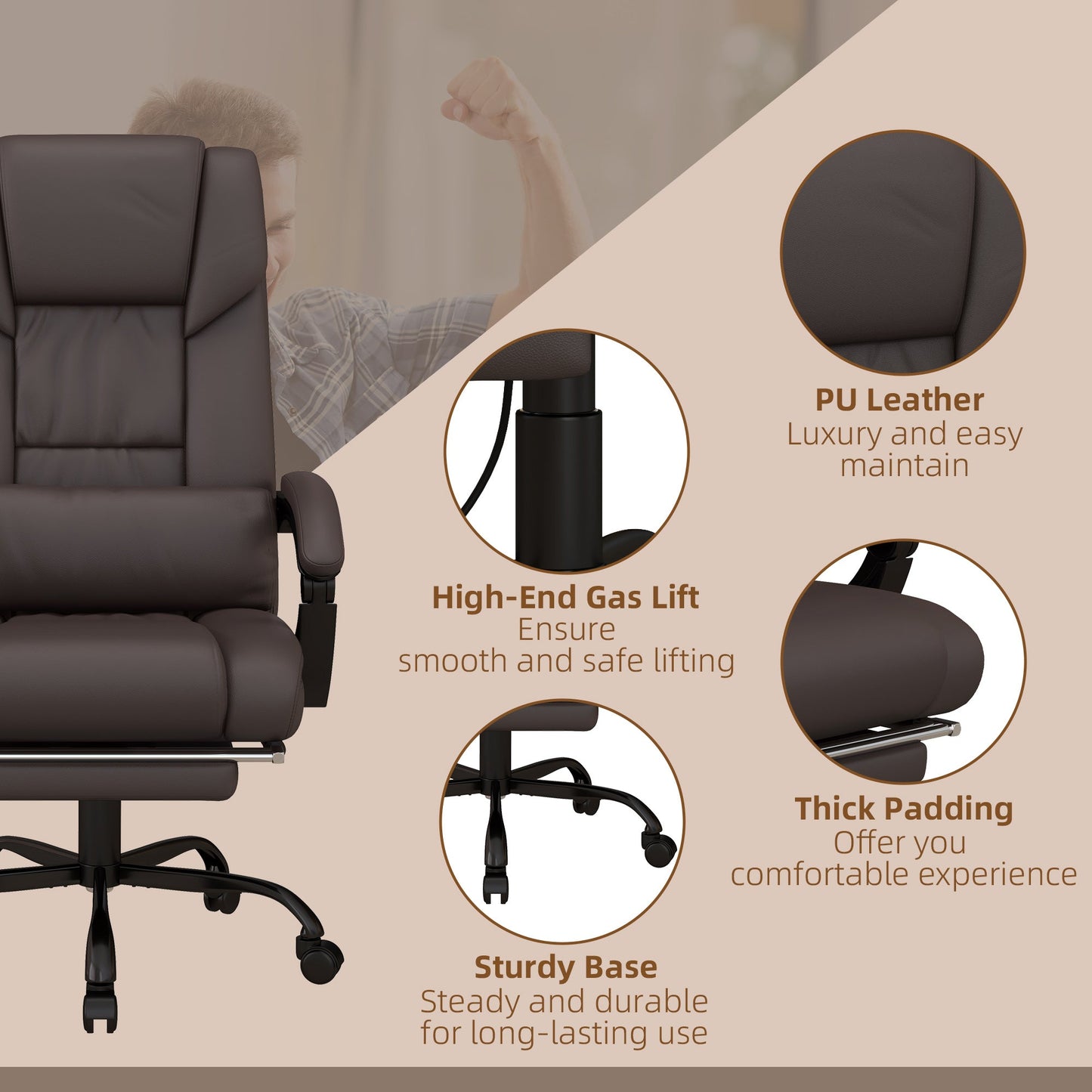 Vinsetto 6-Point PU Leather Massage Racing Chair Electric Padded Recliner Height Angle Adjustable 5 Wheels w/ Remote Footrest Office Comfort Brown