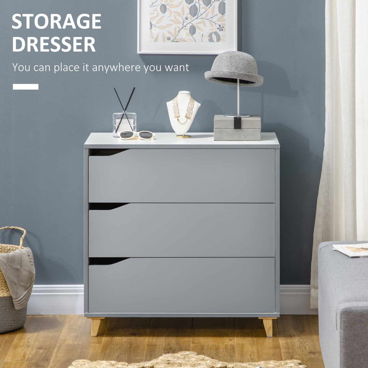 3-Drawer Storage Cabinet Unit with Pine Wood Legs 75cmx42cmx75cm - Grey/White