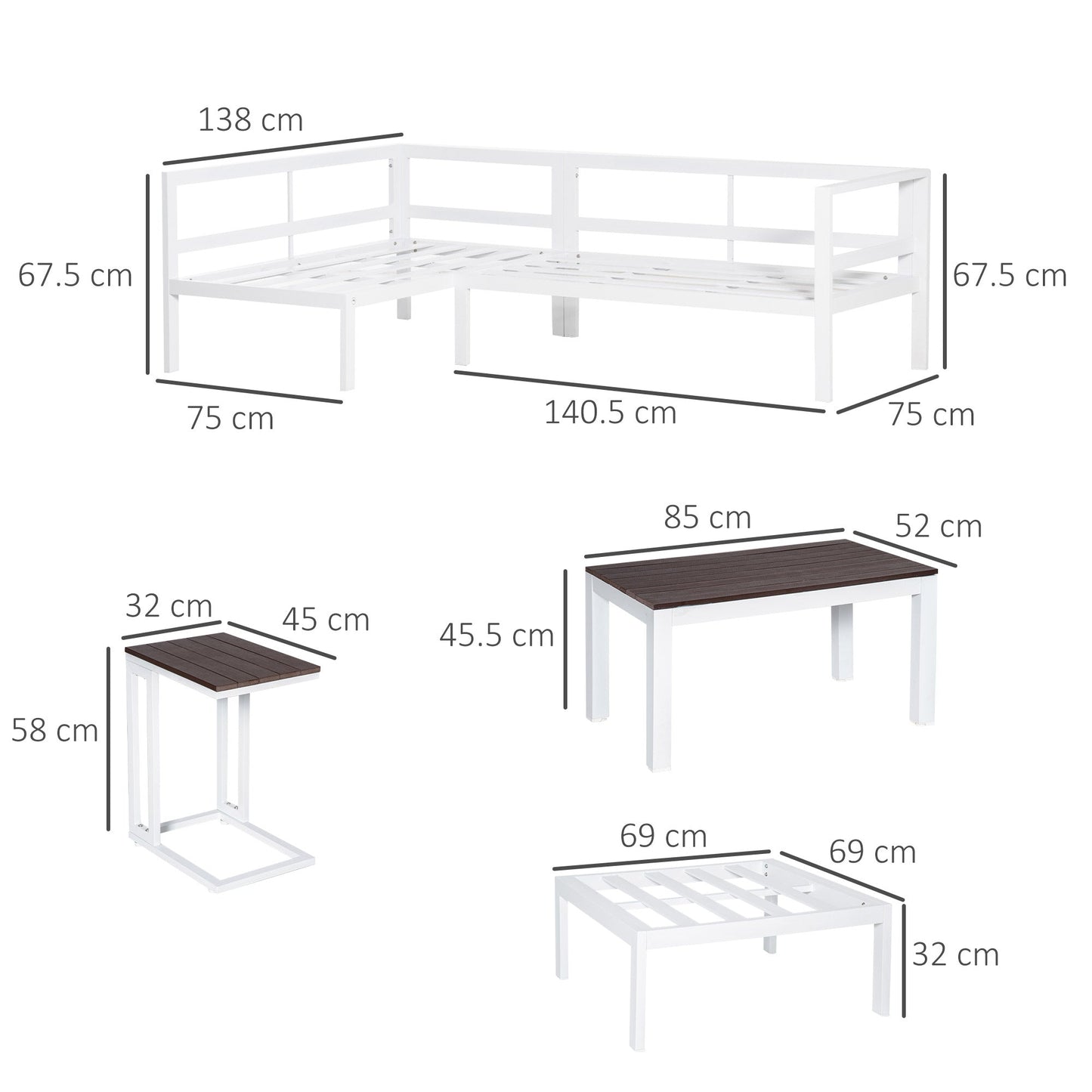 Outsunny 5-Piece L-shaped Garden Furniture Set Corner Sofa with Coffee Table - White Frame