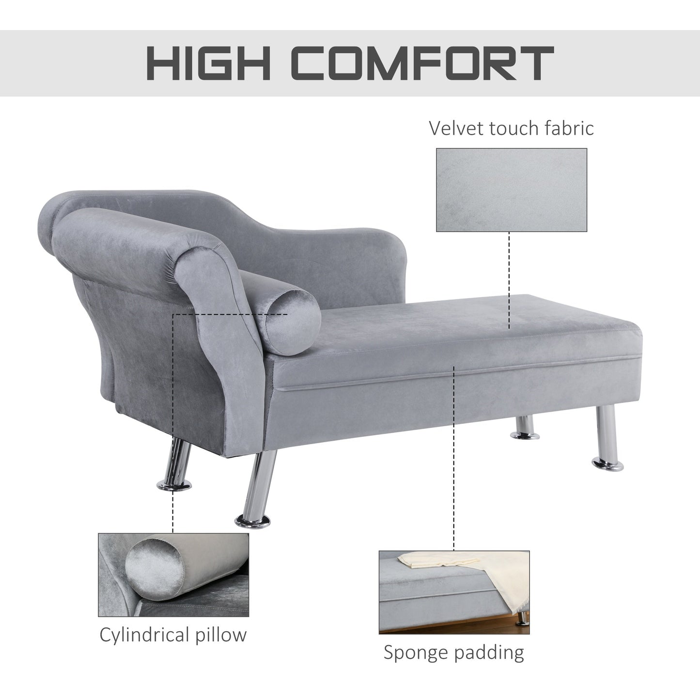 Velvet-Feel Chaise Longue with Cushion - Grey