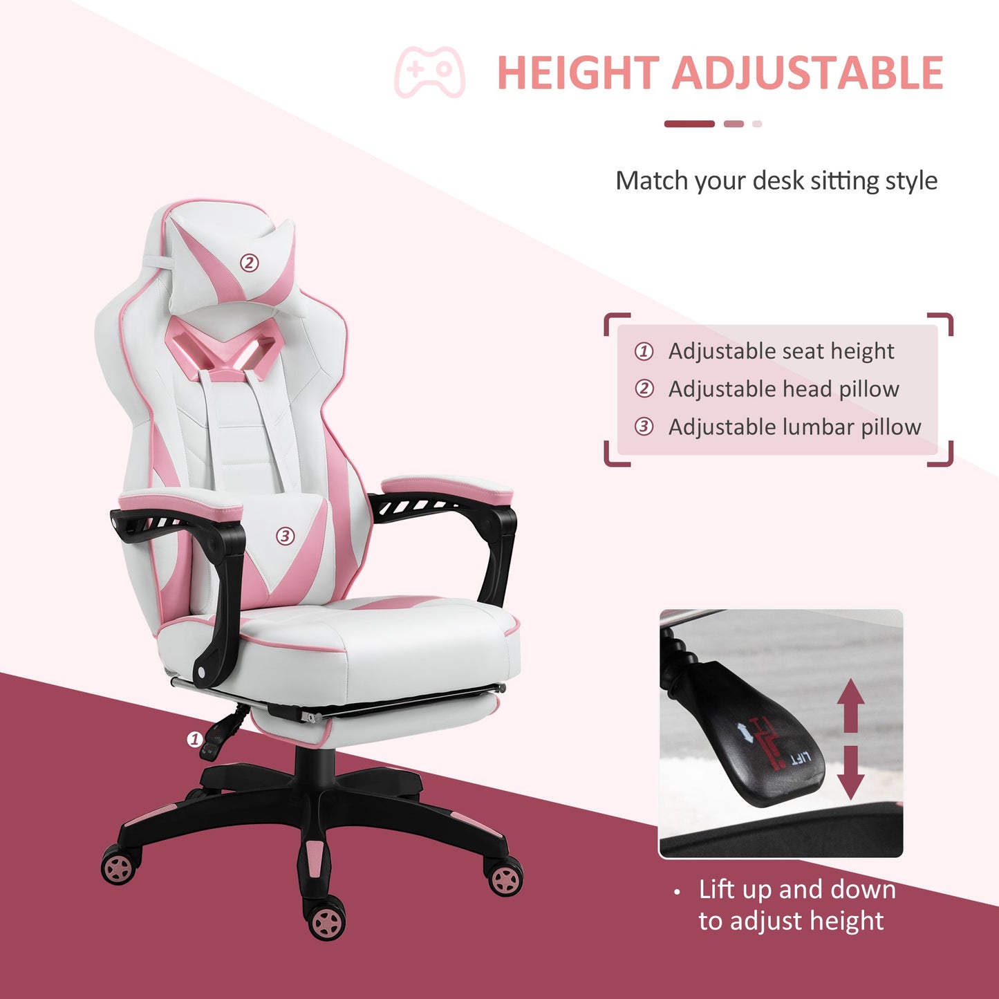 Vinsetto PU Leather Gaming Chair with Footrest and Headrest - Pink/White