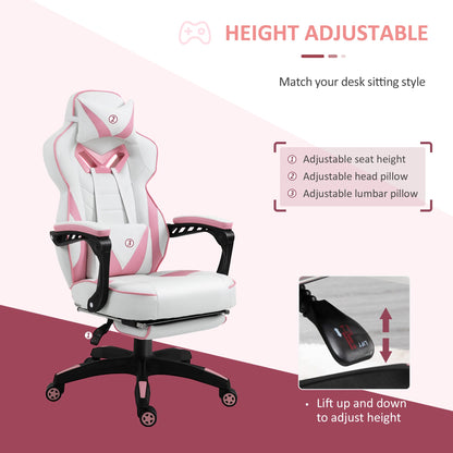 Vinsetto PU Leather Gaming Chair with Footrest and Headrest - Pink/White