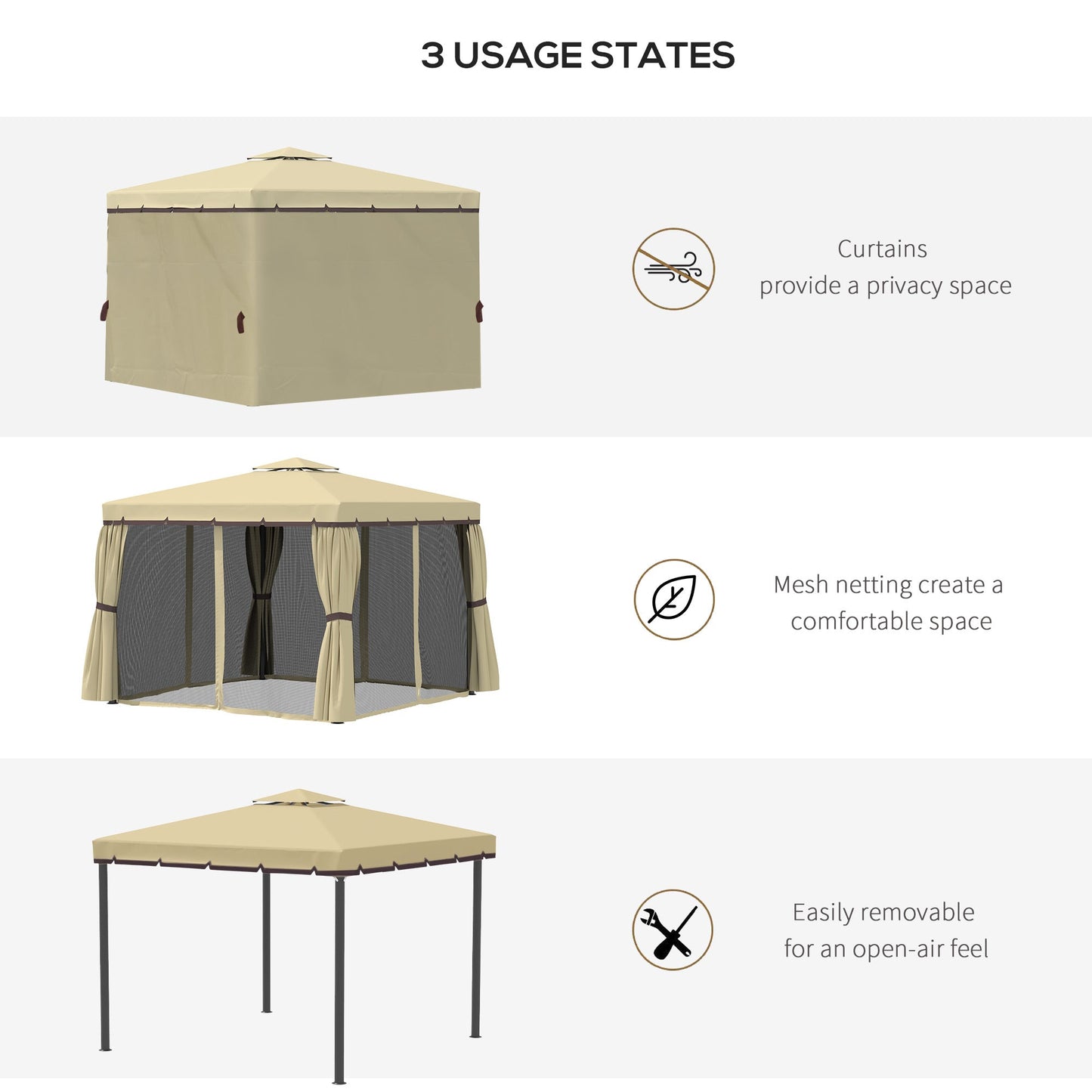 Outsunny 3 x 3(m) Patio Gazebo Canopy Garden Pavilion Tent Shelter with 2 Tier Water Repellent Roof, Mosquito Netting, Aluminium Frame, Beige