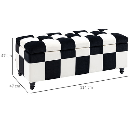 114 x 47 x 47cm Velvet Storage Ottoman, Button-tufted Footstool Box, Toy Chest with Lid for Living Room, Bedroom, White and Black