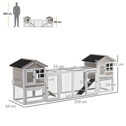 PawHut 2 in 1 Rabbit Hutch Outdoor, Double Main House Guinea Pig Hutch, Bunny Run, Wooden Small Animal House with Run Box, Slide-out Tray, Ramp, 259 x 64 x 92cm, Grey