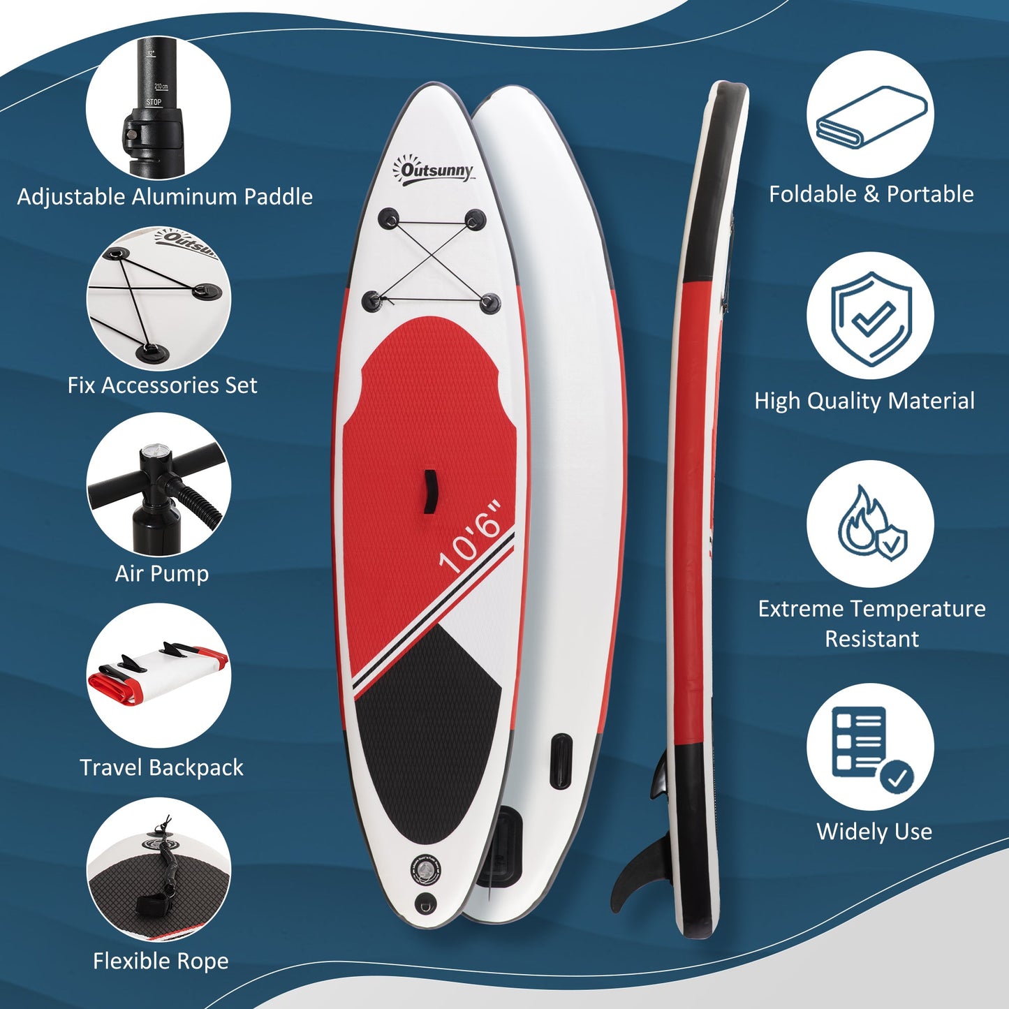 Outsunny Inflatable Stand Up Paddle Board, 10' x 30" x 6", Non-Slip SUP, with ISUP Accessories, Hand Pump, 3 Fins, Adj Paddle for Youth Adult Beginners/Experts - White