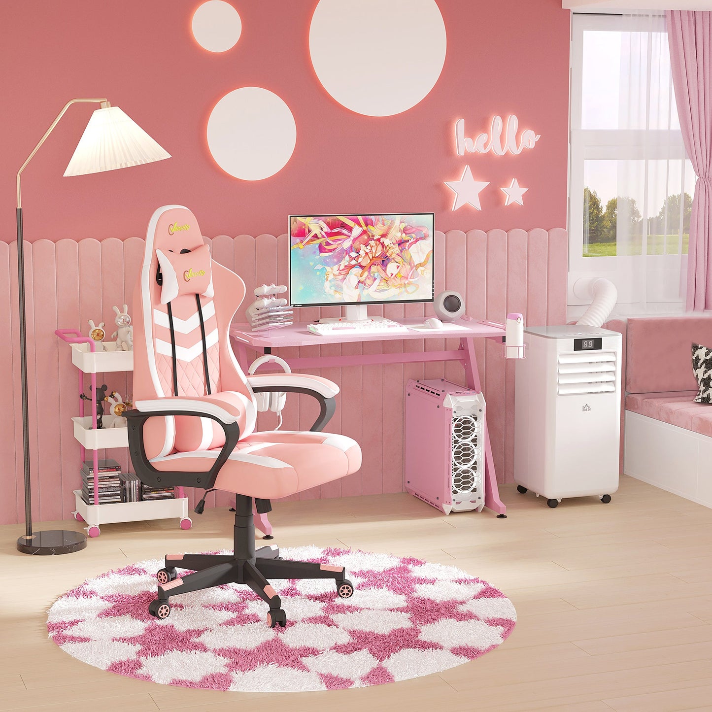 Vinsetto PVC Leather Gaming Desk Chair with Lumbar Support and Headrest - Pink/White