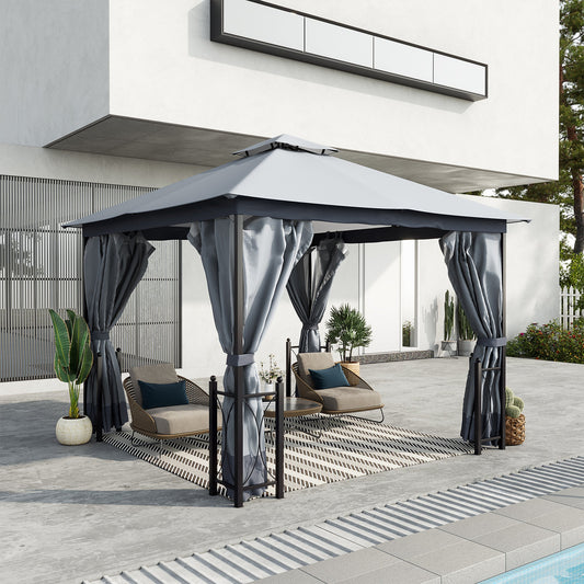 Outsunny 4 x 3.35(m) Patio Gazebo Canopy Garden Tent Sun Shade, Outdoor Shelter with 2 Tier Roof, Netting and Curtains, Steel Frame, Grey