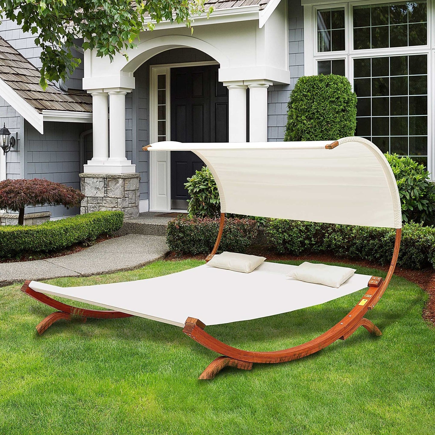 Wooden Double Sun Lounger Hammock Chaise Day Bed with Canopy - Cream