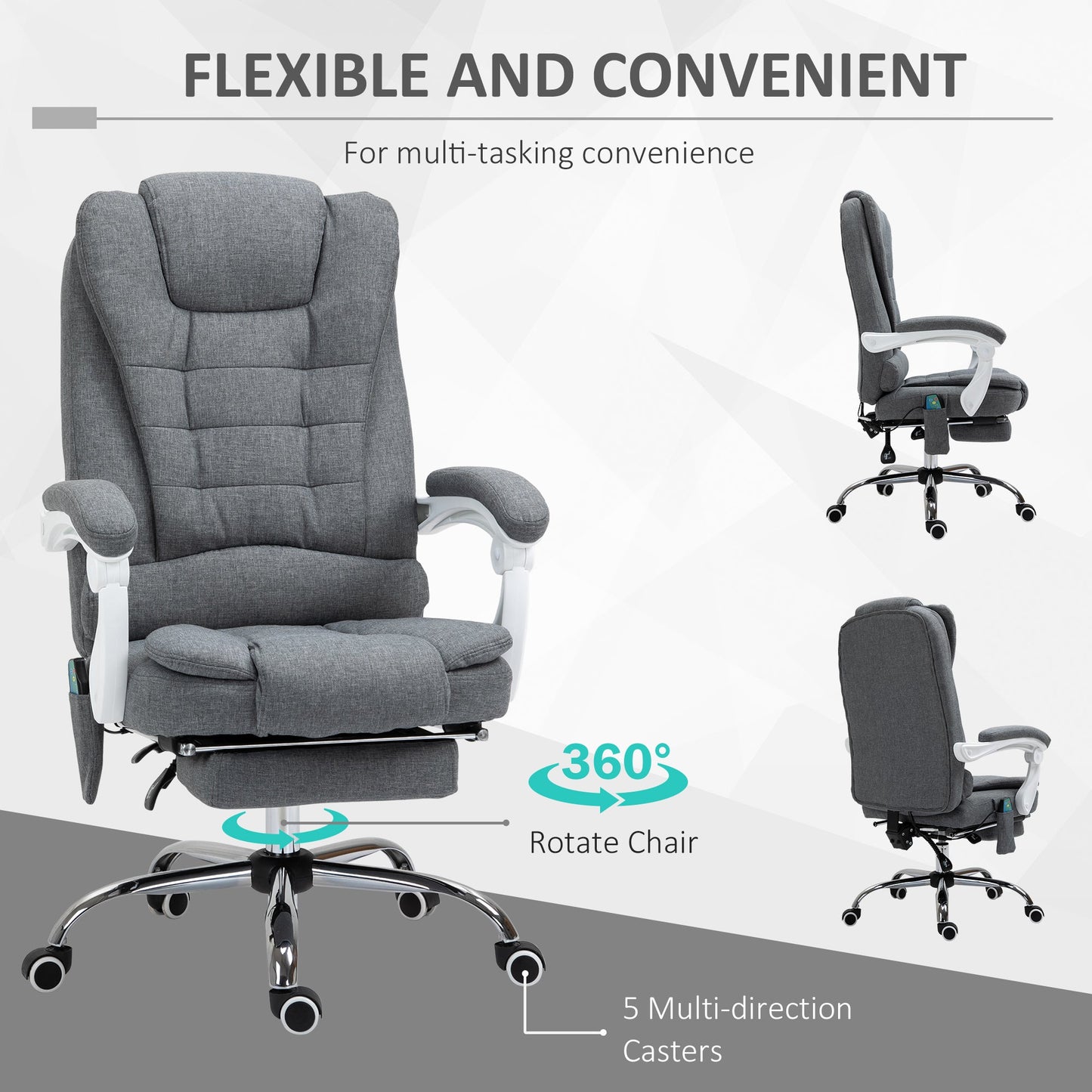 Vinsetto Reclining Office Chair with 6-Point Heating Massage Function, Adjustable Height and Footrest - Grey