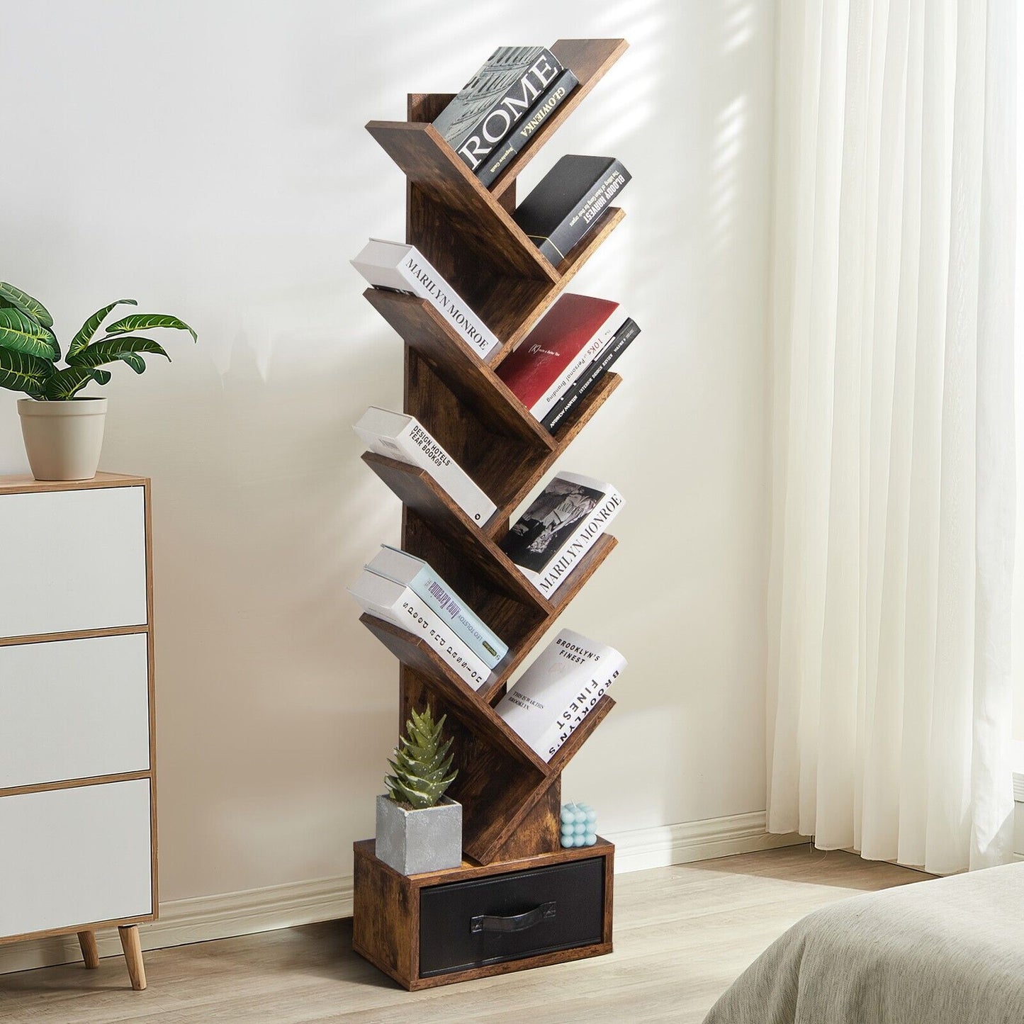 10-Tier Freestanding Tree Bookshelf with Drawer-Rustic Brown