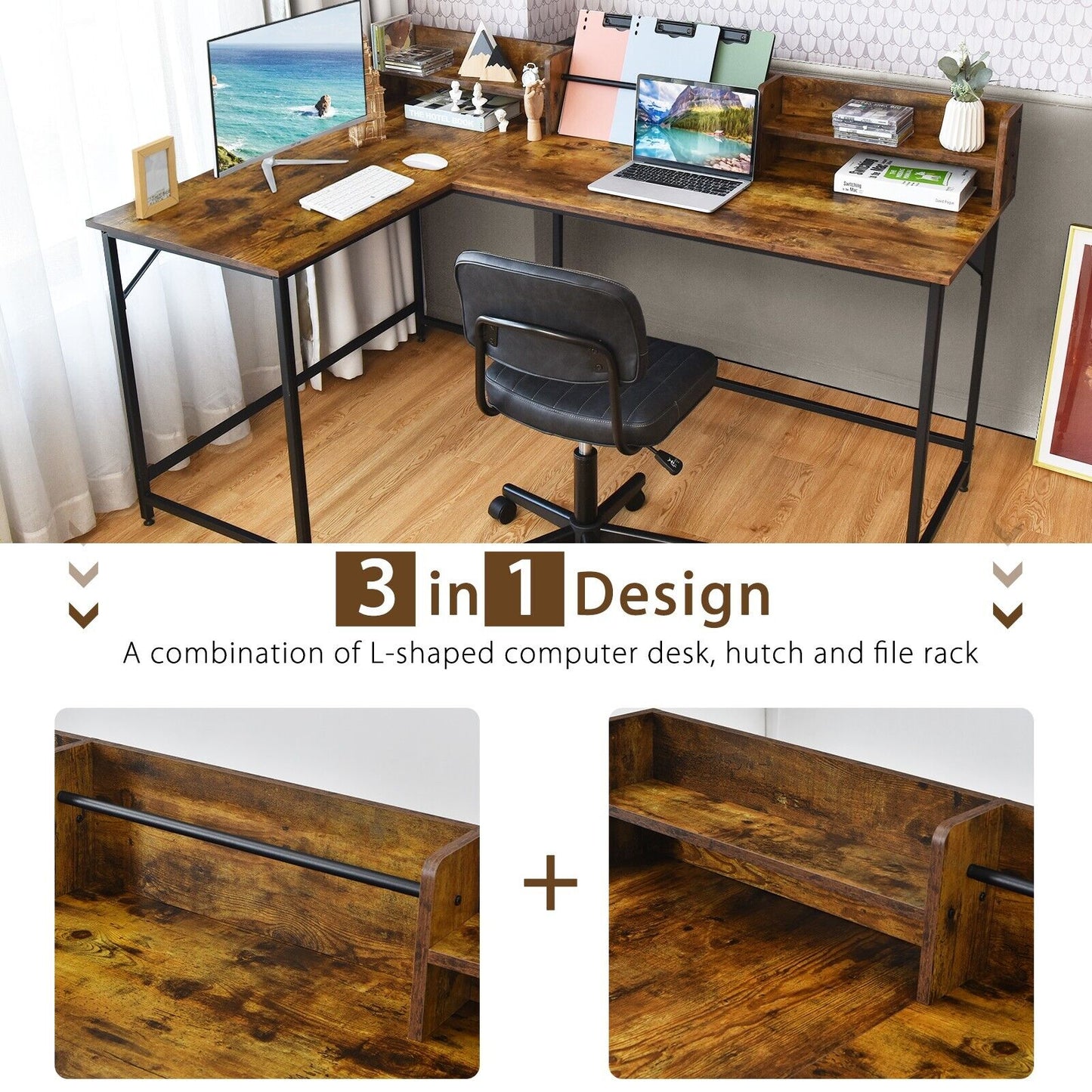 Industrial L-Shaped Corner Computer Desk-Rustic Brown