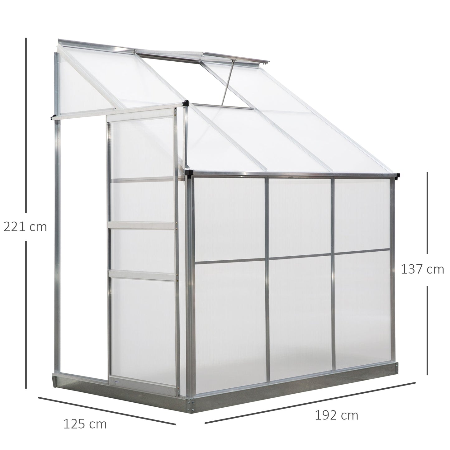 Walk-In Garden Greenhouse Heavy Duty Aluminum Polycarbonate with Roof Vent Lean to Design for Plants Herbs Vegetables 192 x 125 x 221 cm Frame w/