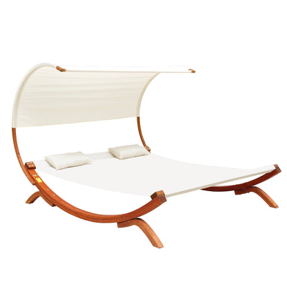 Wooden Double Sun Lounger Hammock Chaise Day Bed with Canopy - Cream