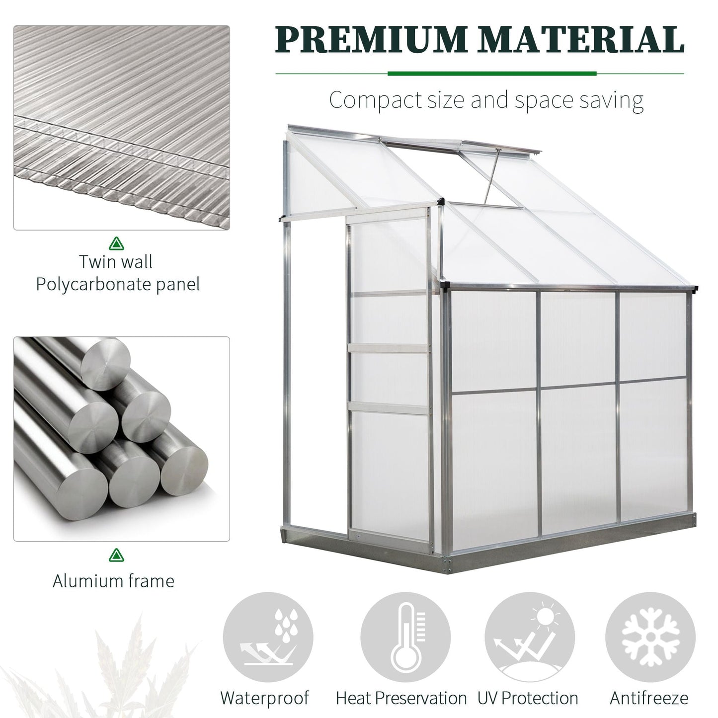 Walk-In Garden Greenhouse Heavy Duty Aluminum Polycarbonate with Roof Vent Lean to Design for Plants Herbs Vegetables 192 x 125 x 221 cm Frame w/