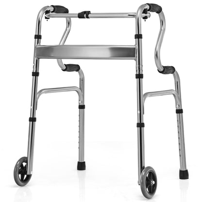 Folding Aluminum Walker Frame with Adjustable Heights and Wheels-Grey
