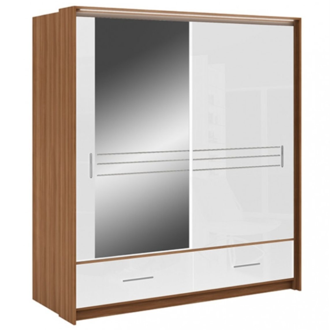 Wiltshire 208cm Sliding Door Wardrobe with Mirror Walnut with 2 Drawers - Black Gloss and White Gloss