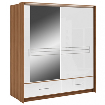 Wiltshire 208cm Sliding Door Wardrobe with Mirror Walnut with 2 Drawers - Black Gloss and White Gloss