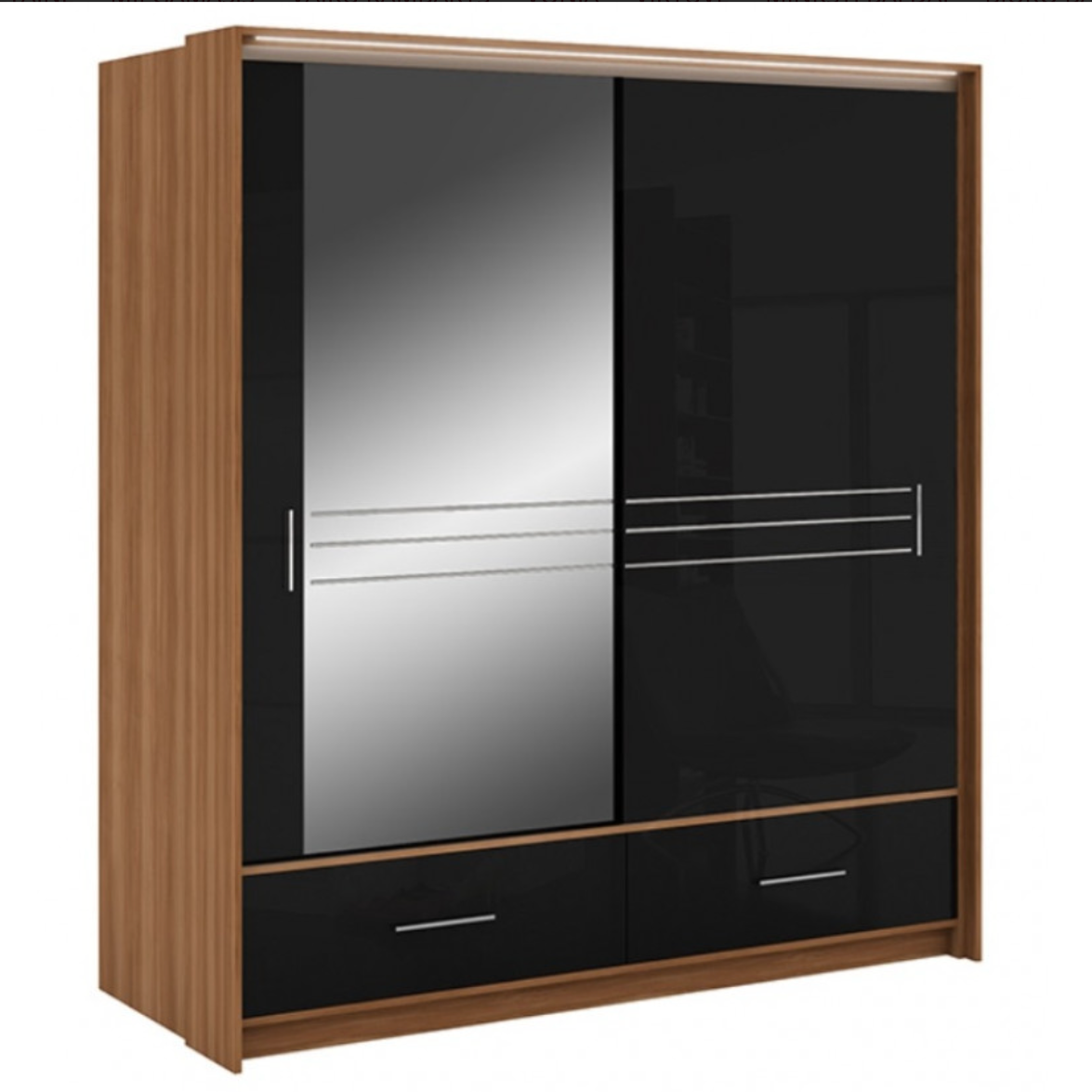 Wiltshire 208cm Sliding Door Wardrobe with Mirror Walnut with 2 Drawers - Black Gloss and White Gloss