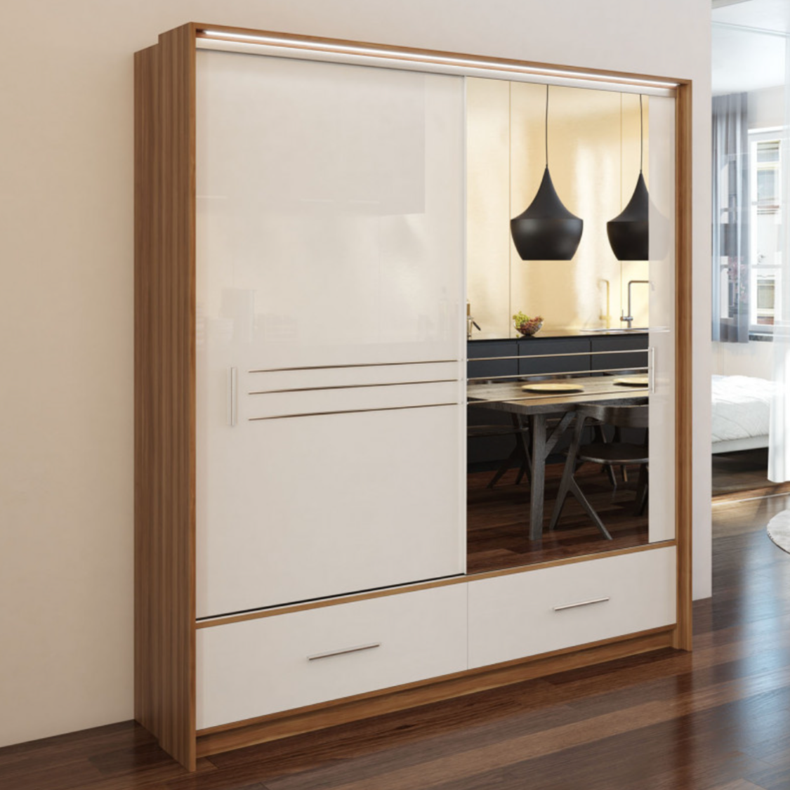 Wiltshire 208cm Sliding Door Wardrobe with Mirror Walnut with 2 Drawers - White Gloss and Black Gloss