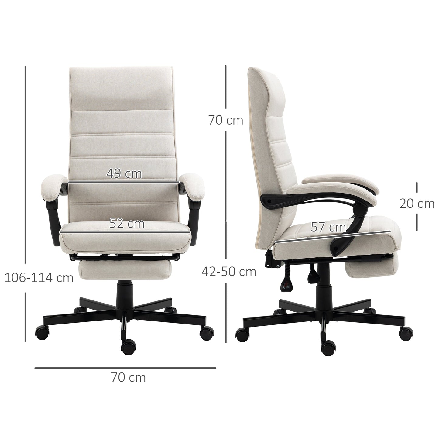 Vinsetto High-Back Home Office Chair, Linen Swivel Reclining Chair with Adjustable Height, Footrest and Padded Armrest for Living Room Cream White