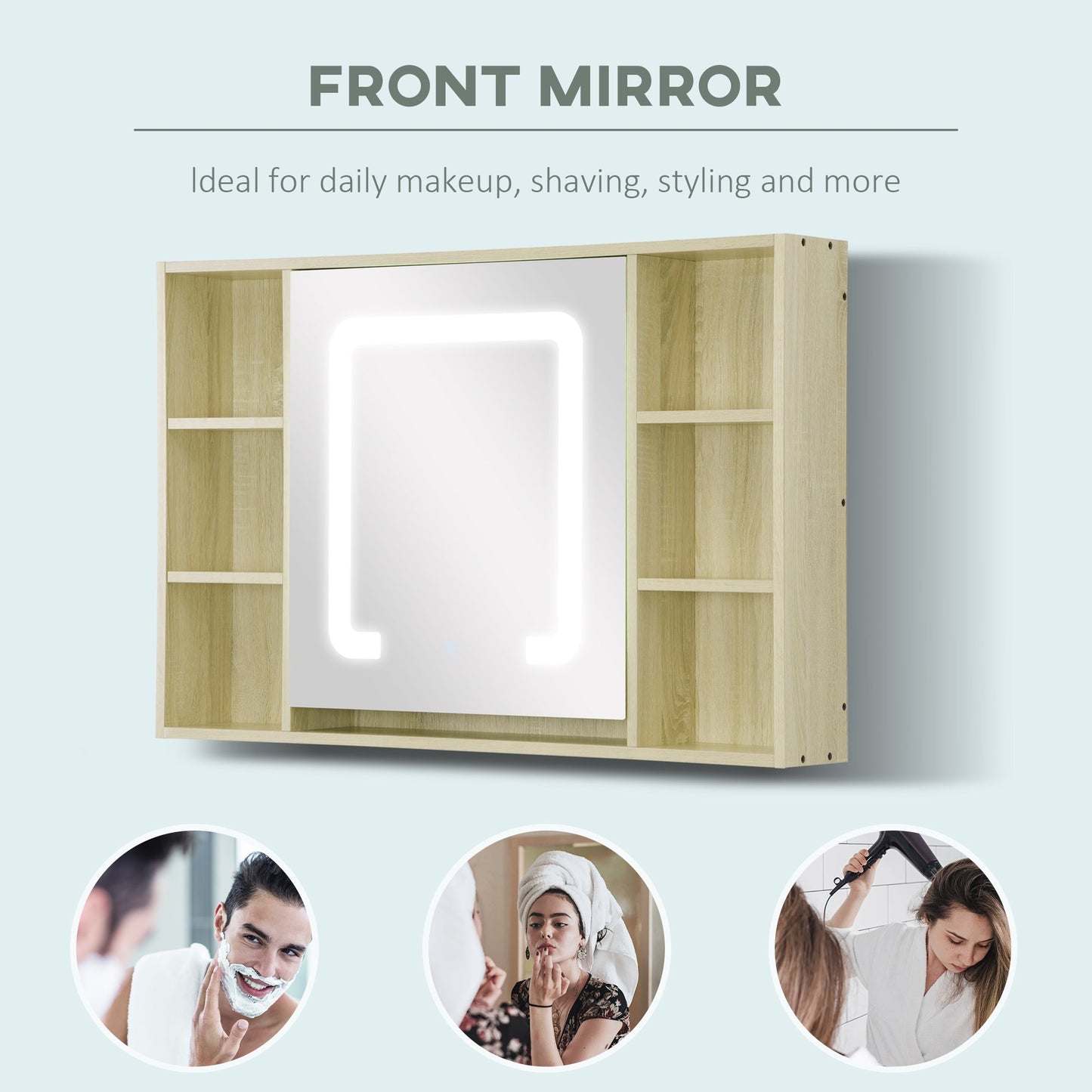 kleankin LED Bathroom Mirror Cabinet, Wall Mounted Dimmable Medicine Cabinet with Adjustable Shelf and Mirrored Door, Memory Function, USB Charge, Natural