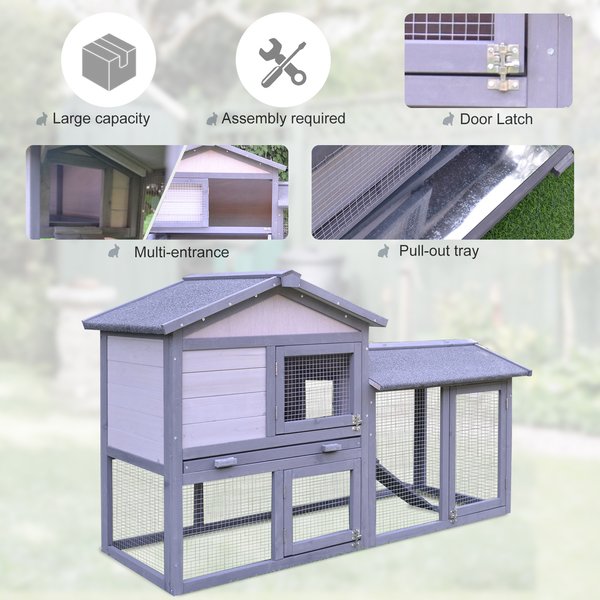 PawHut Wooden Rabbit Hutch Outdoor, Double Tier Guinea Pig Hutch, Small Animal House Water-Resistant Roof Ramp 147 x 54 x 84 cm