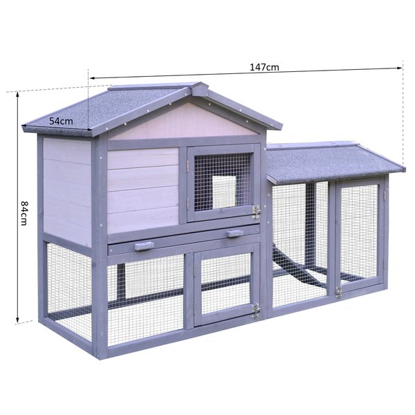 PawHut Wooden Rabbit Hutch Outdoor, Double Tier Guinea Pig Hutch, Small Animal House Water-Resistant Roof Ramp 147 x 54 x 84 cm