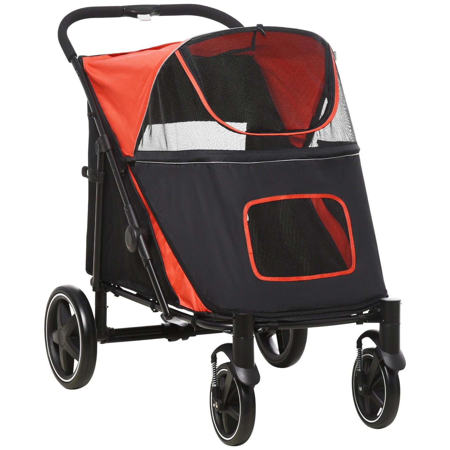 PawHut Pet Stroller with Universal Front Wheels, Shock Absorber, One Click Foldable Dog Cat Carriage with Brakes, Storage Bags, Mesh Window Red