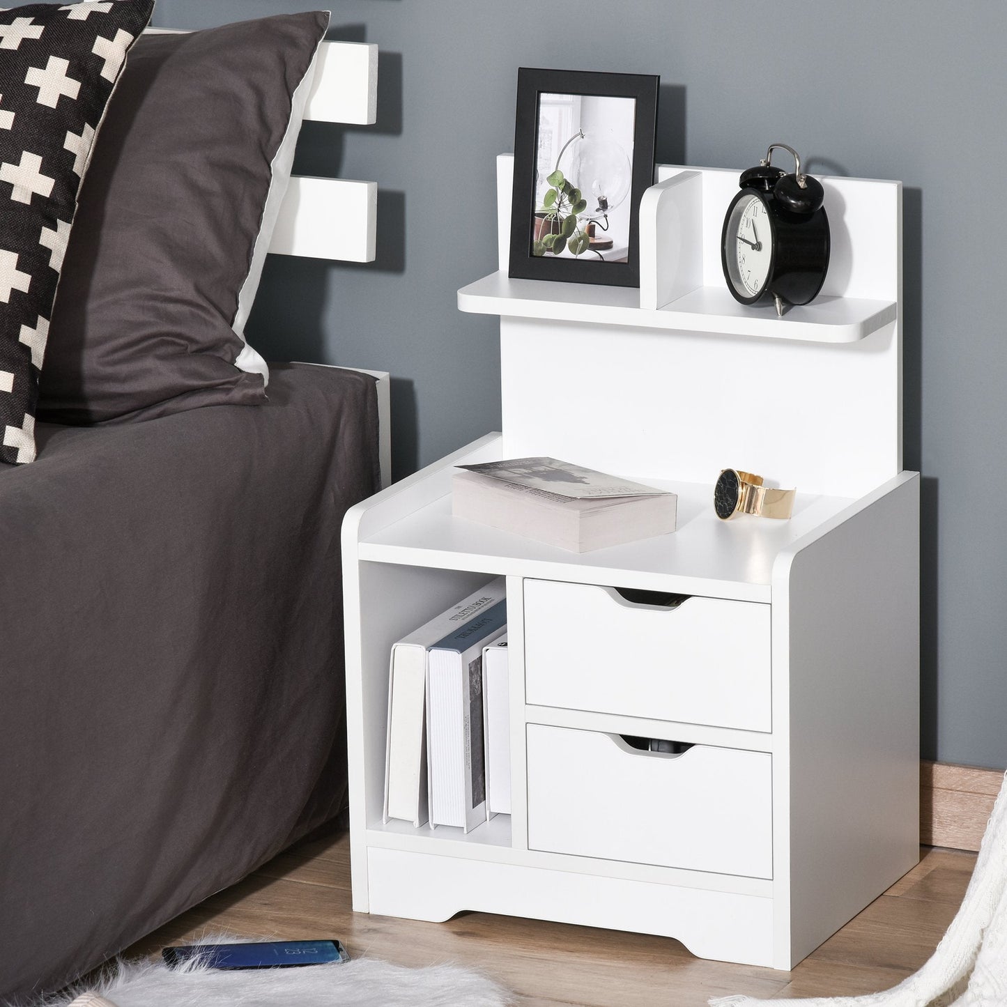 HOMCOM Bedside Table with 2 Drawers and Storage Shelves for Living Room Bedroom Accent Table Small Cabinet, White