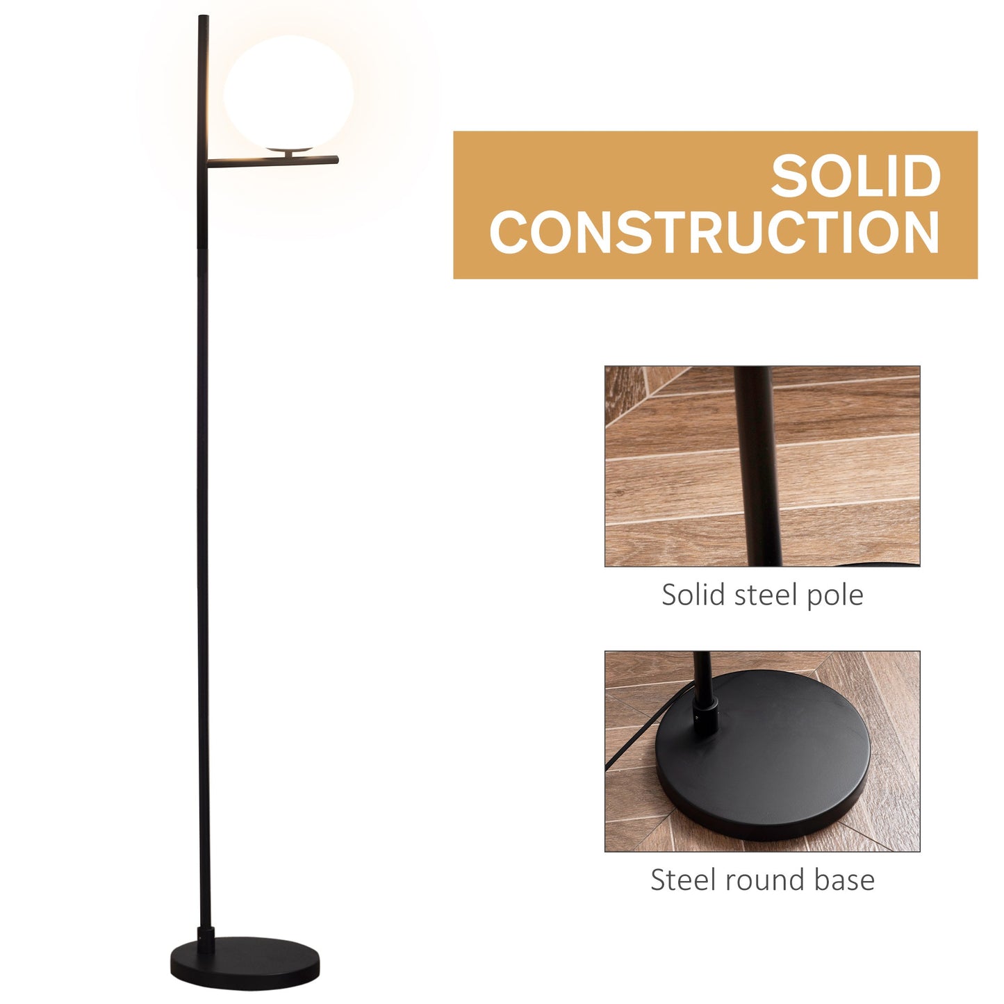 HOMCOM Modern Floor Lamp Metal Frame Sphere Light w/ Pedal Switch Unique Standing Beautiful Furnishing for Home Office Living Room, Black