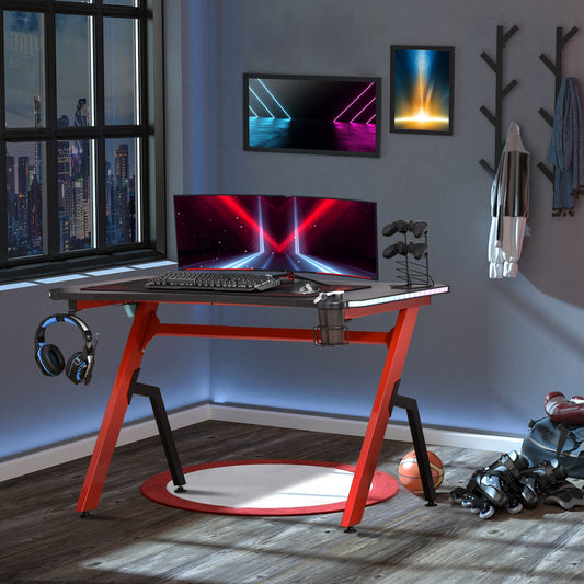 LED Ergonomic Gaming Desk Computer Table,  Cable Management, Red
