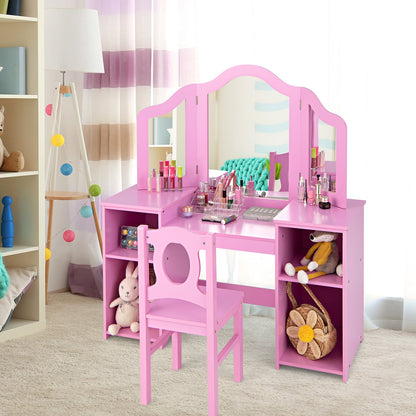 Kids Makeup Desk and Chair Set with Tri-Folding Detachable Mirror-Pink