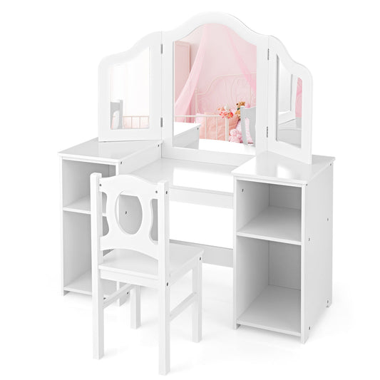 Kids Makeup Desk and Chair Set with Tri-Folding Detachable Mirror-White