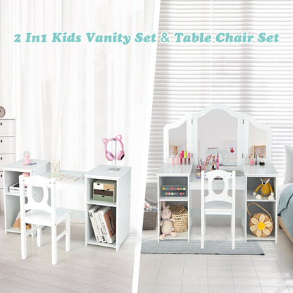 Kids Makeup Desk and Chair Set with Tri-Folding Detachable Mirror-White