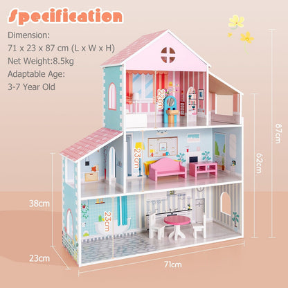 Wooden Dolls House with Furniture Accessories