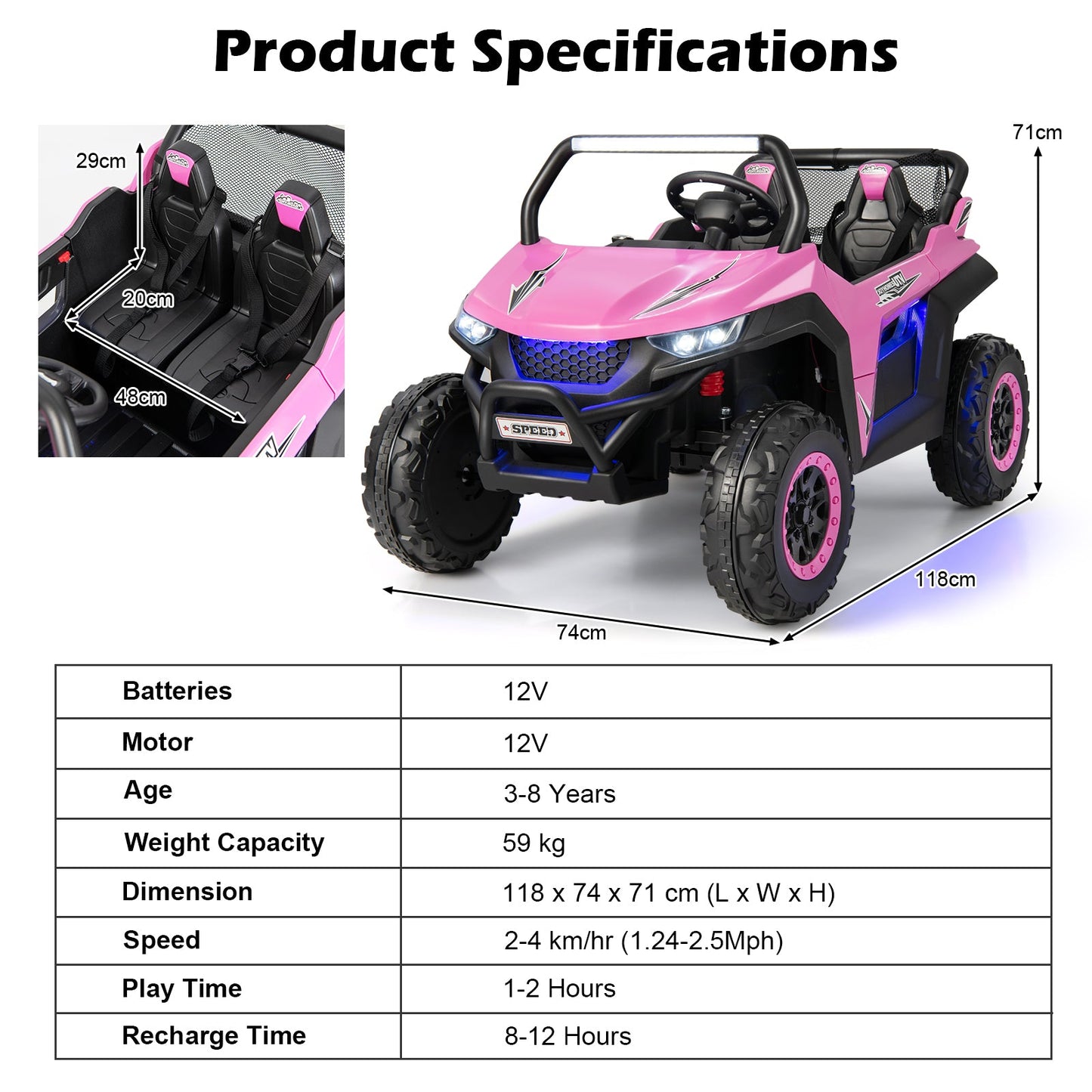 12V Electric Truck Car with Remote Controland Battery Powered UTV-Pink