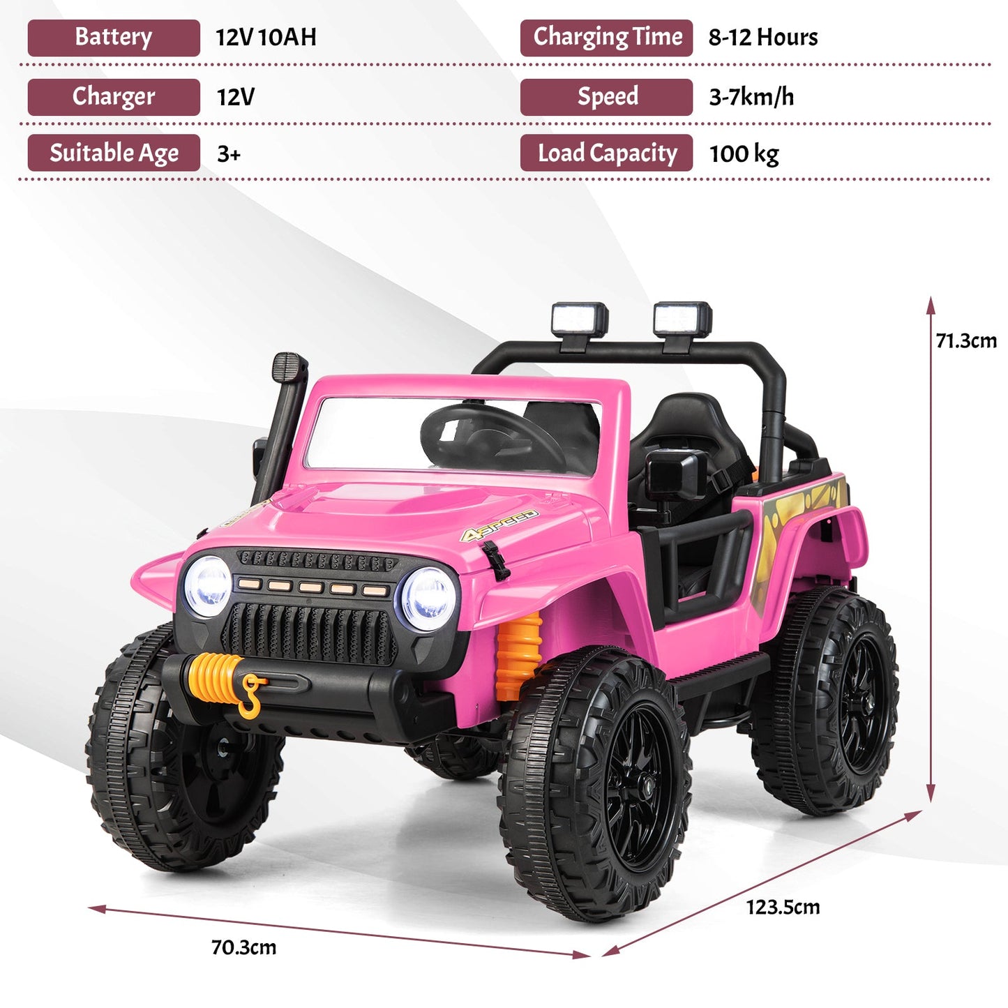 12V Kids Electric Ride on Car with Music and LED Lights-Pink